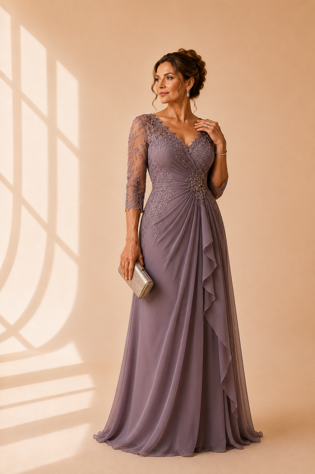 Elegant A-line Mother of the Bride dress at Afina Luxury in Hallandale Beach